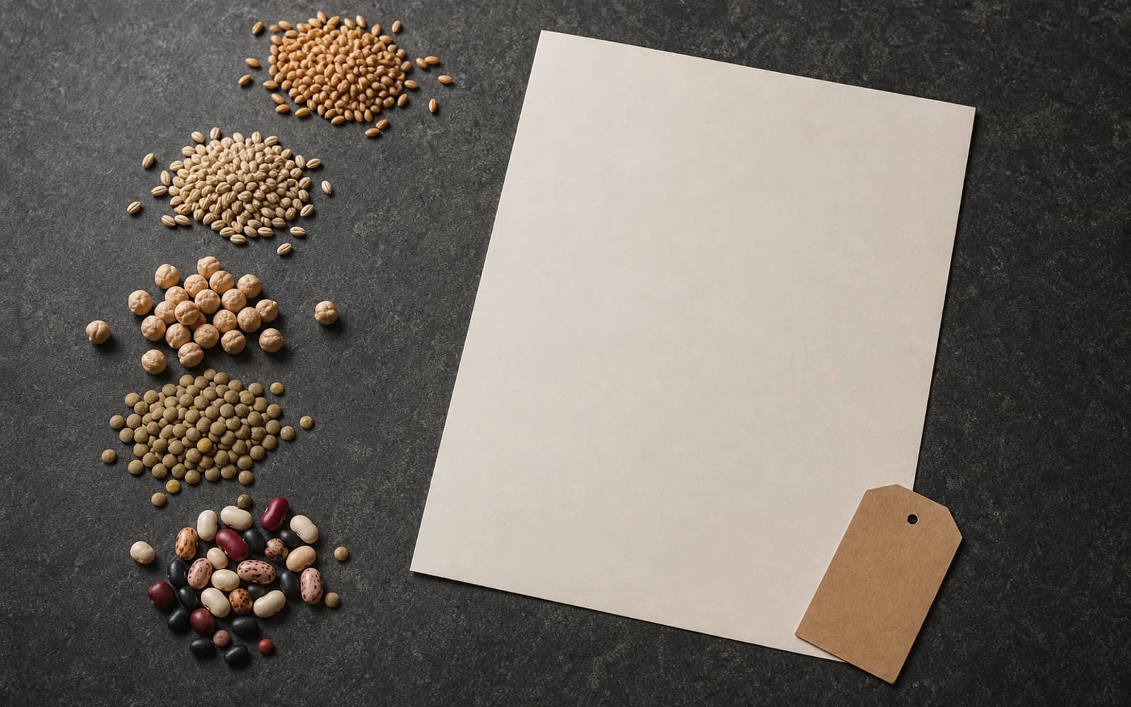 Muestras editoriales de granos, cereales y legumbres sobre una mesa de trabajo