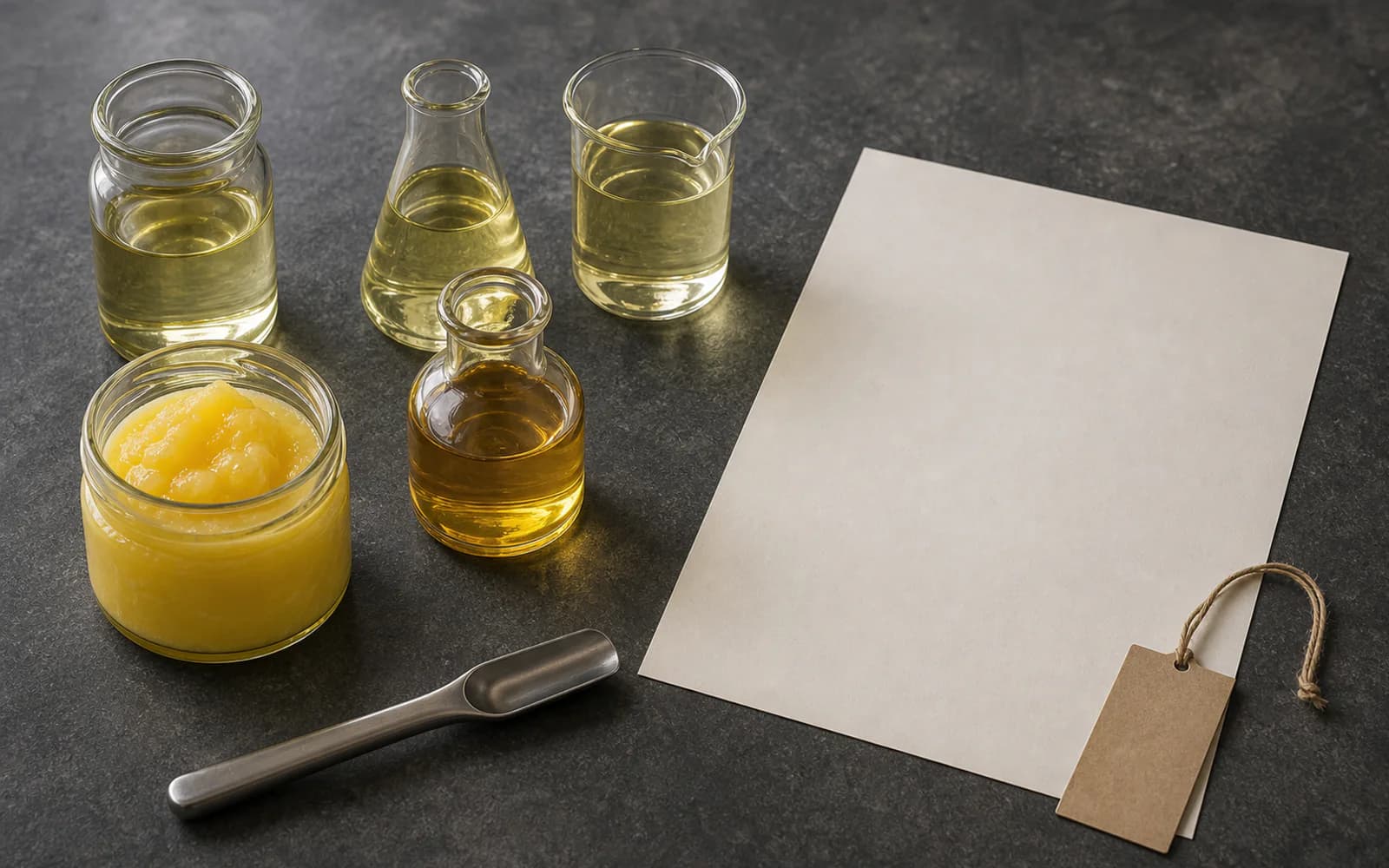 Editorial samples of ghee and vegetable oils in neutral containers