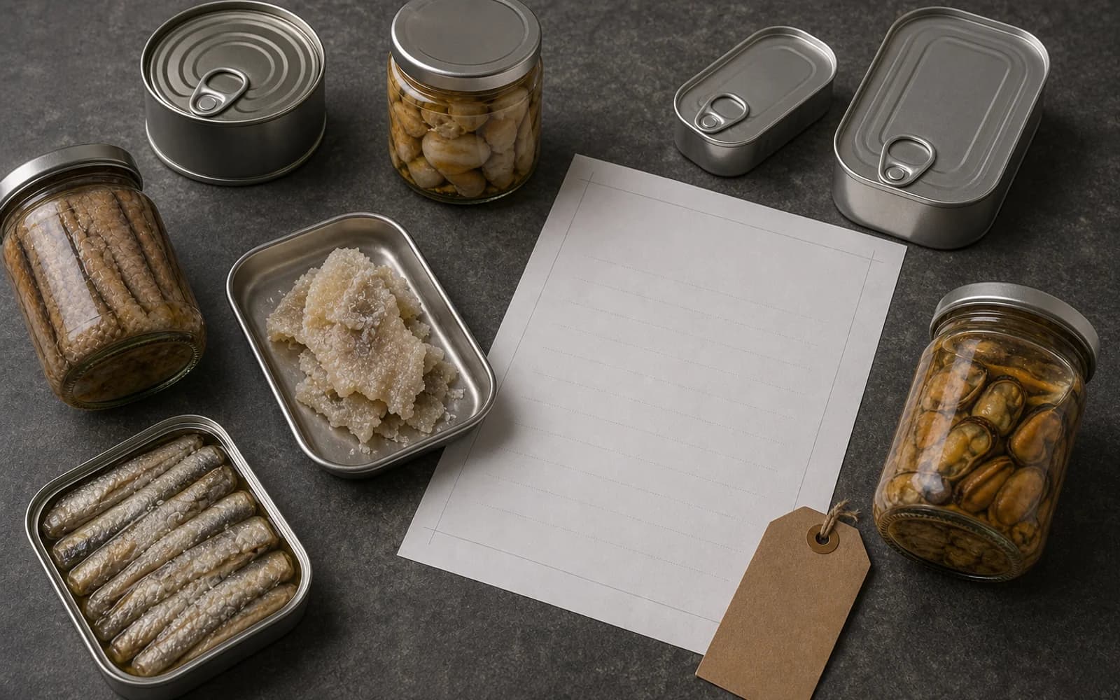 Presentación editorial de pescado y marisco conservado en un entorno de control de producto