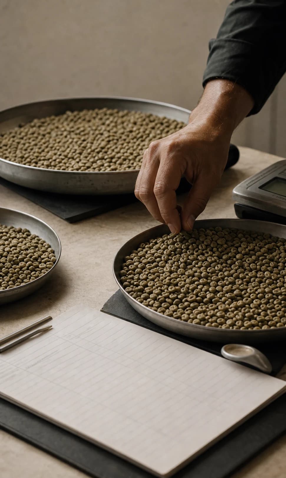 Green coffee being selected by hand in control trays beside an incomplete record sheet